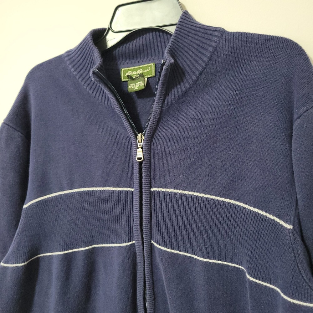Vintage Eddie Bauer Full Zip Sweater Mens XL Blue Cotton Mock Neck Hong Kong